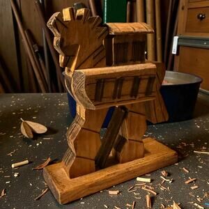 Vintage Hand Carved Trojan Horse Classic Greek Wooden Statue Table Ornament